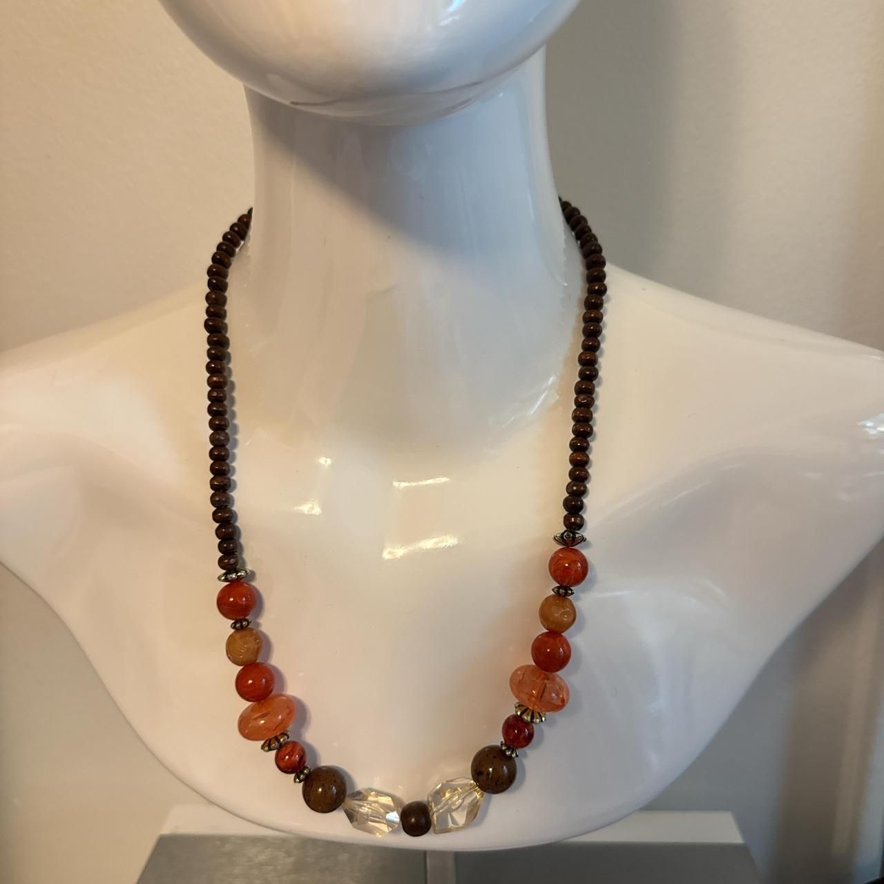 Necklace Brown And Orange With Beads Sliver-Toned Lobster Clasp Boho Vibe
